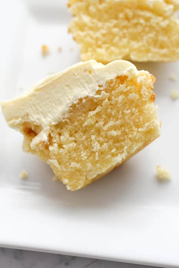 white chocolate cupcake cut in half.