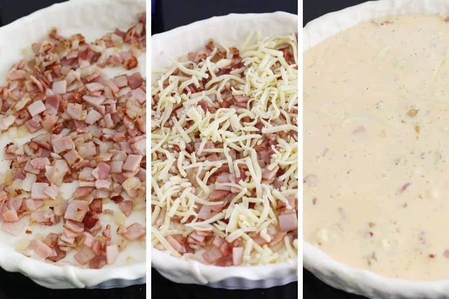 multiple images of assembling a bacon and egg pie.