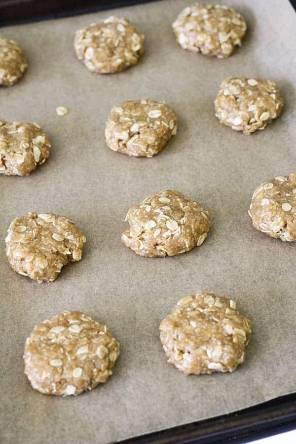 anzac biscuits on a baking tray ready for the oven.