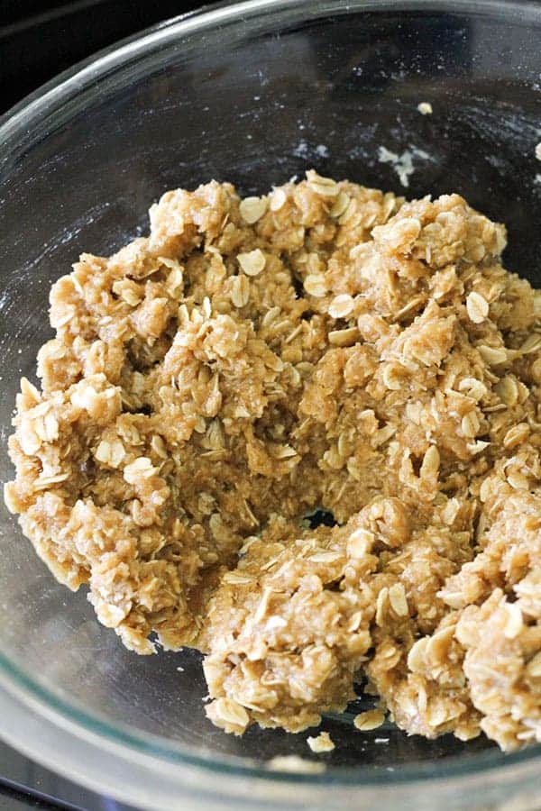 anzac biscuit mixture in a glass bowl.