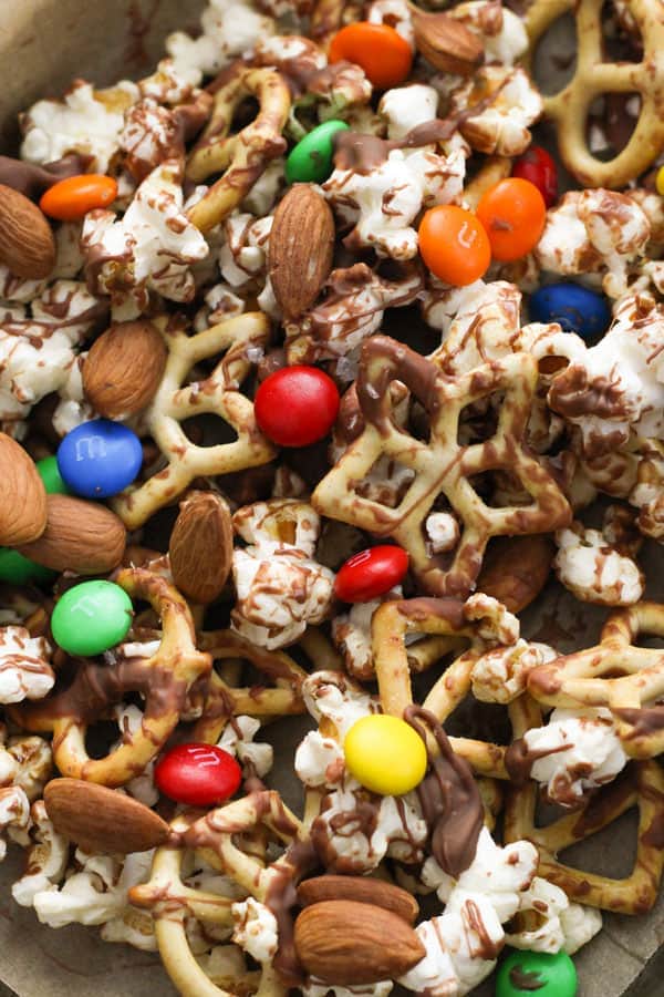 popcorn trail mix on a baking tray.