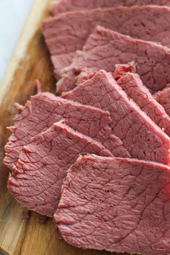 slices of corned beef on a plate.