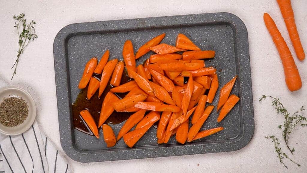 Seasoned veggies on the tray