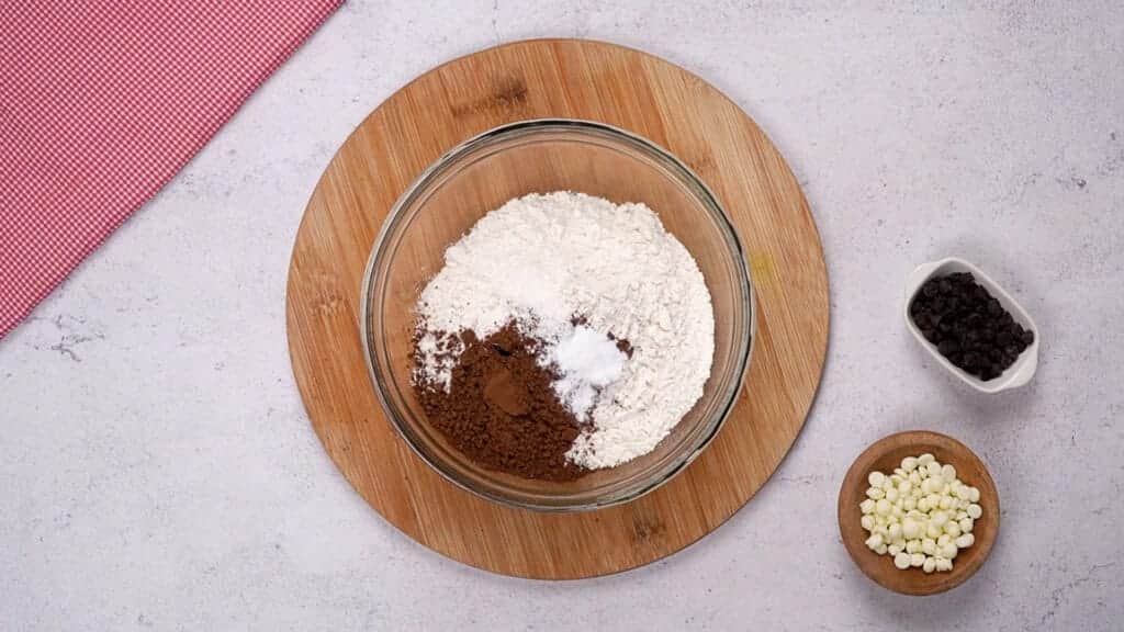 Flour, cocoa powder, baking soda, in a bowl