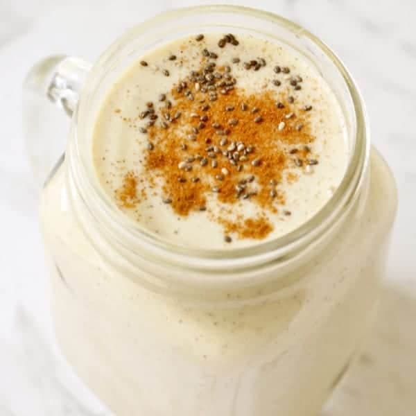 close up of banana chia smoothie