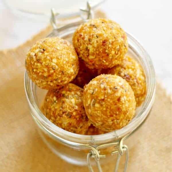 No Bake Apricot Coconut Energy Bites in a glass jar