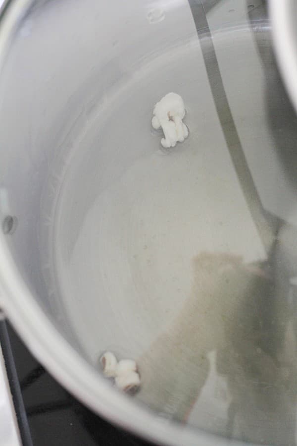 two popped kernels in a saucepan.