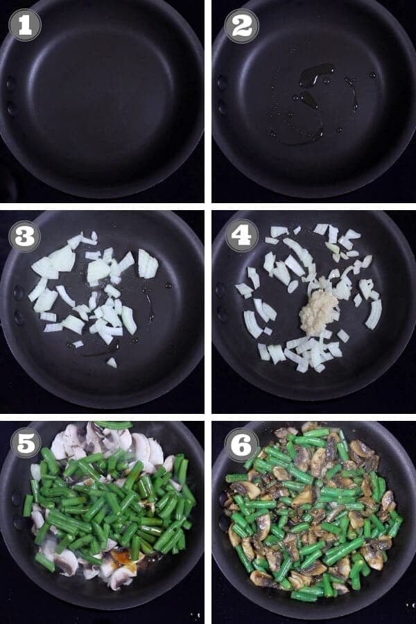 step by step photos on how to make sautéed green beans and mushrooms
