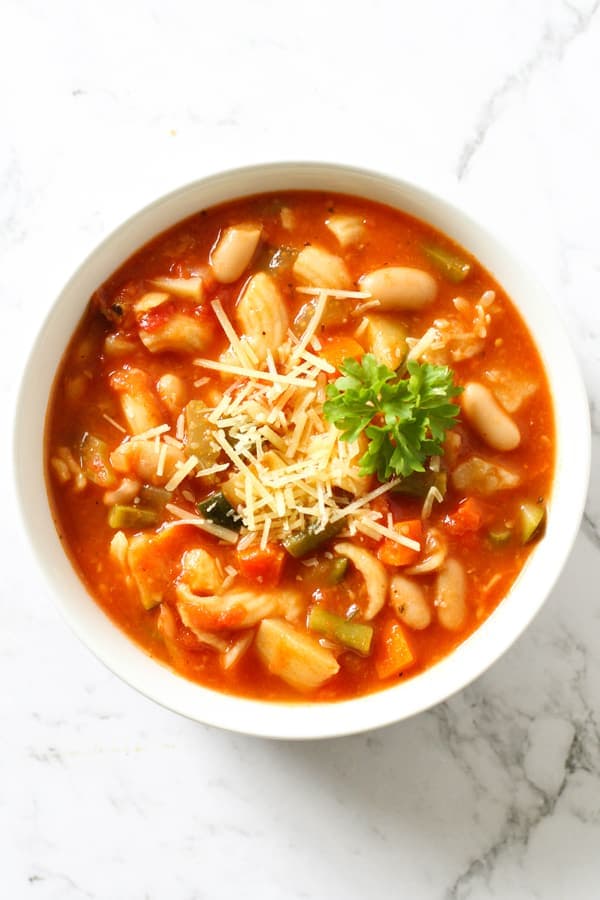Italian Minestrone Soup in a white bowl.