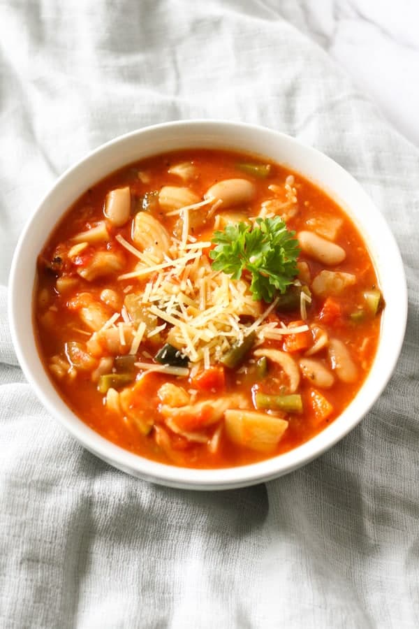 Italian Minestrone Soup in a white bowl.