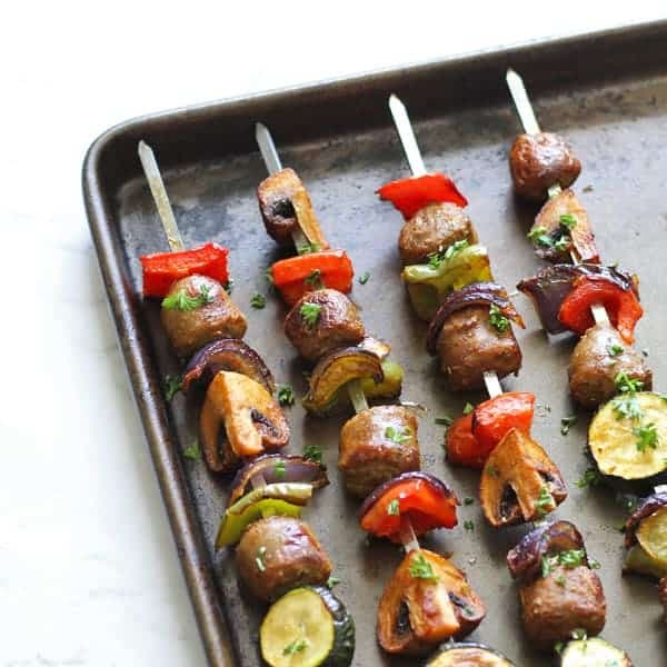 grilled sausage and veggie skewers