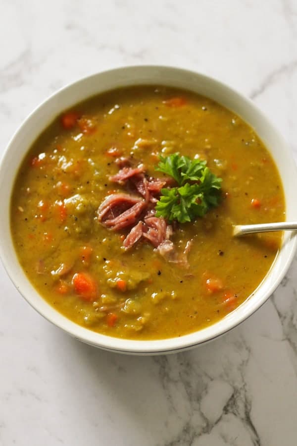 Split Pea Soup in a white bowl. 