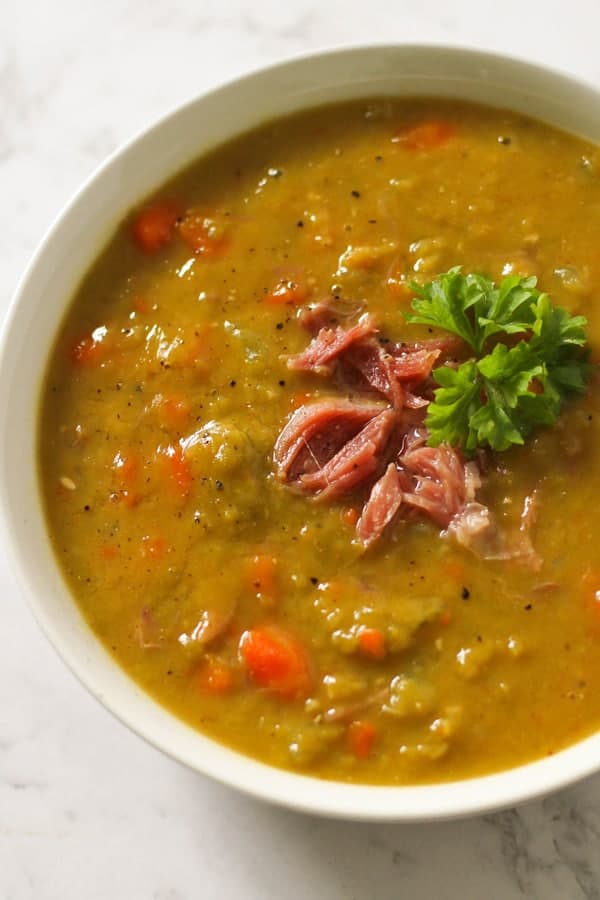 Split Pea Soup in a white bowl. 