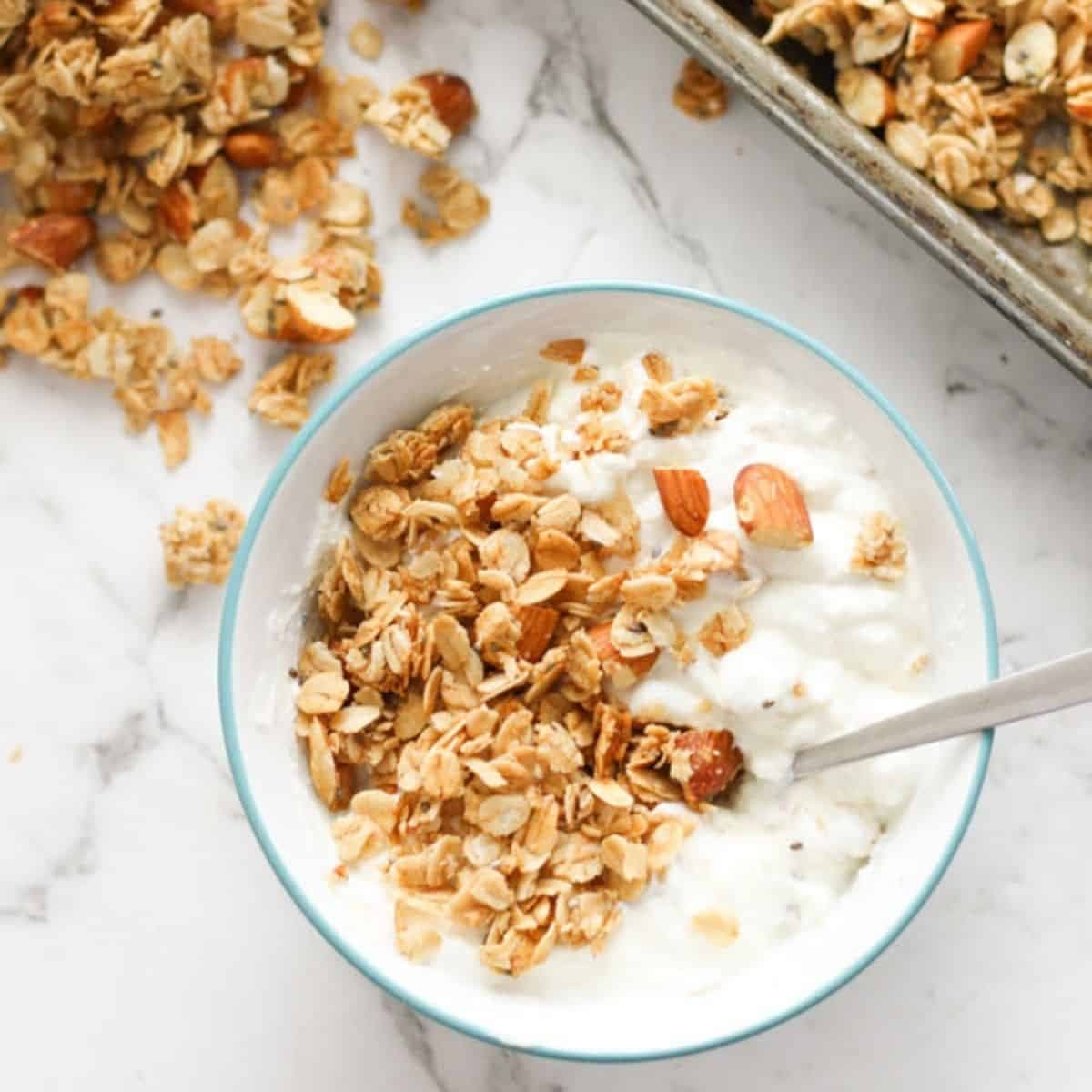 bowl of yoghurt topped with granola.