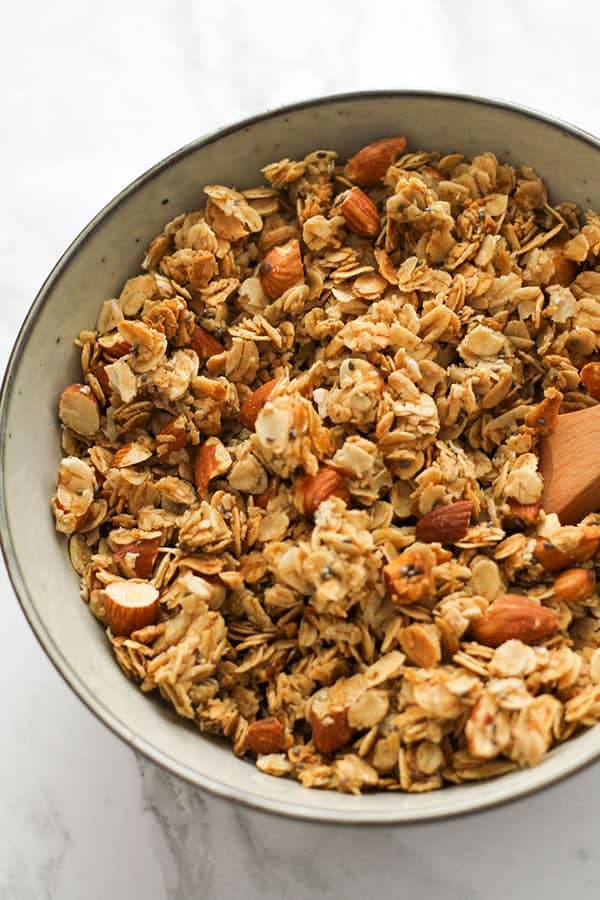 granola in a grey bowl.