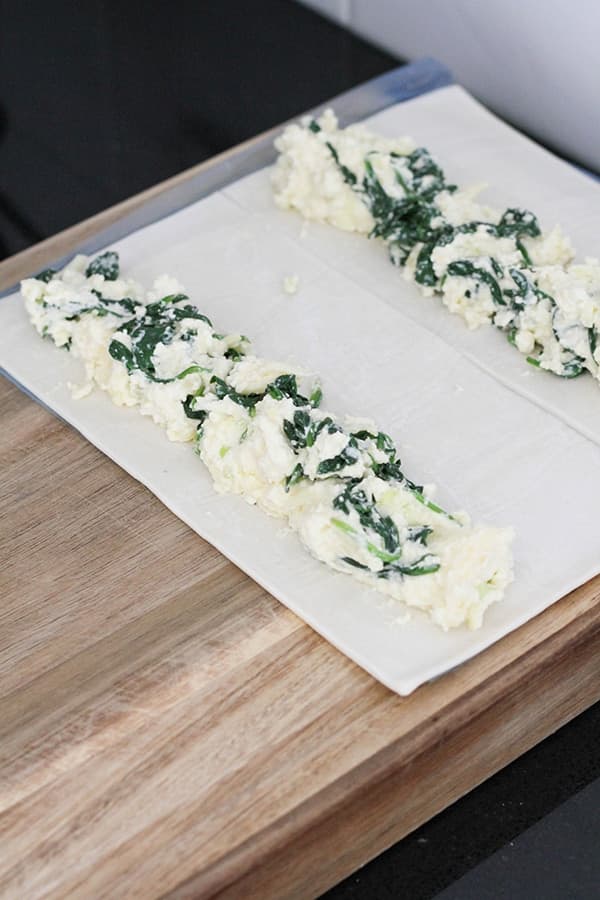 spinach ricotta mix laid on top of puff pastry.