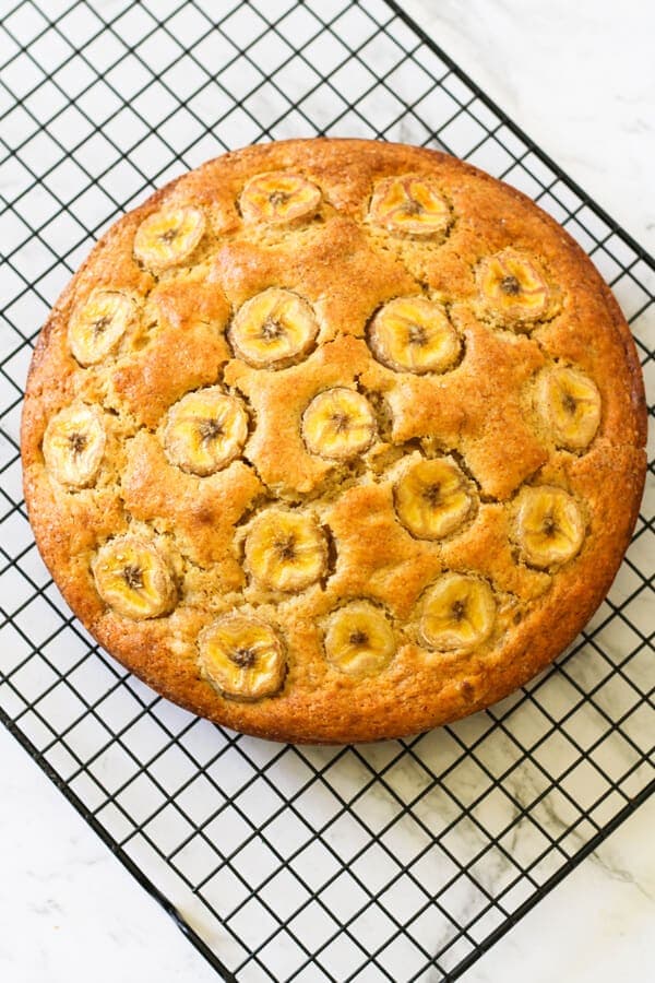 banana cake on a wire rack.