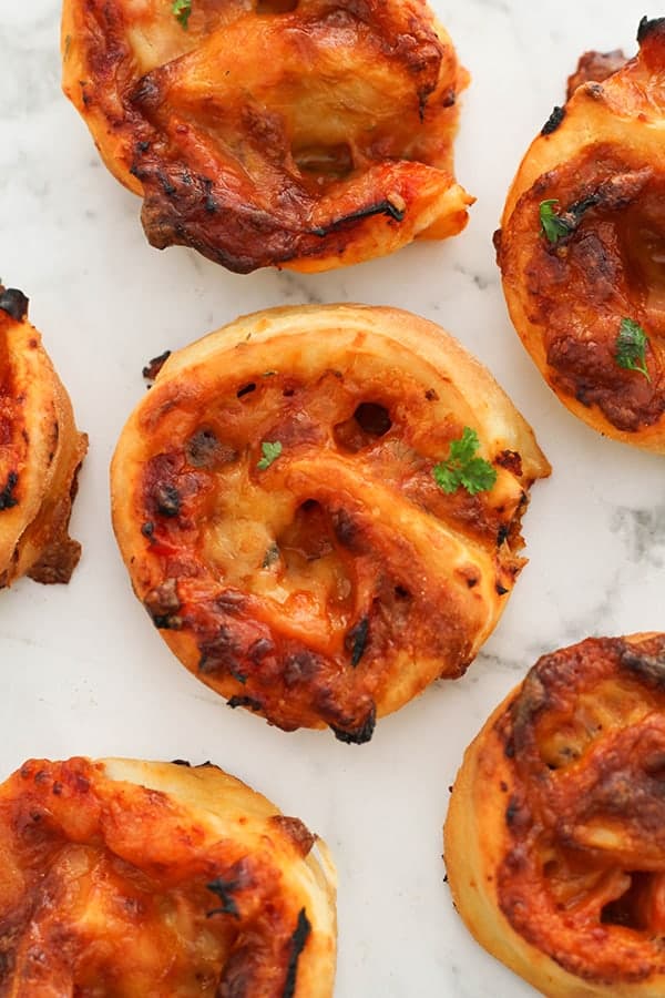pizza scrolls on a marble countertop