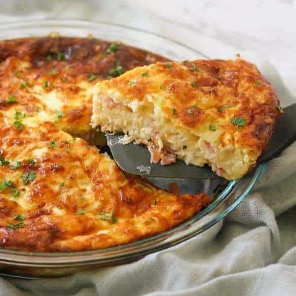 Impossible Quiche in a glass pie dish.