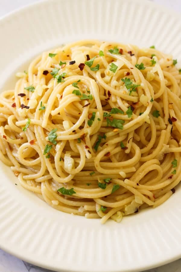 Spaghetti with Garlic and Oil on a white plate