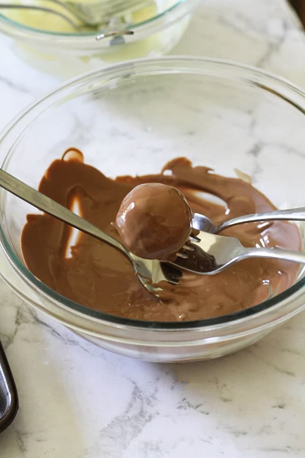 a bowl of melted chocolate with a oreo ball sitting in it.