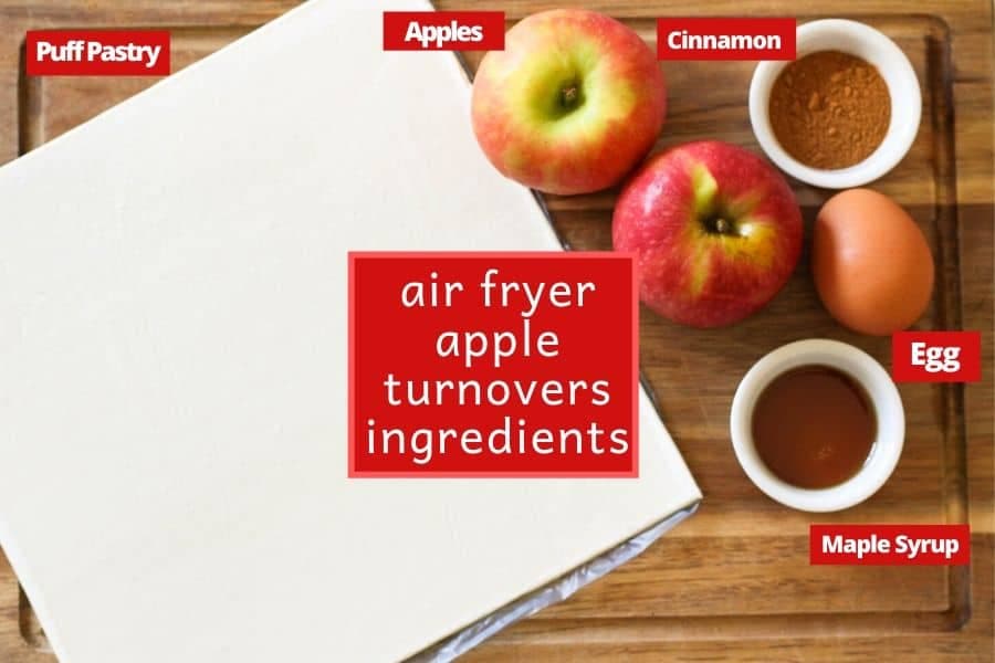 ingredient for air fryer apple turnovers on a wooden cutting board.