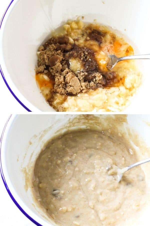 2 images of a white mixing bowl with ingredients inside.