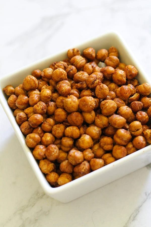 crispy chickpeas in a white bowl.