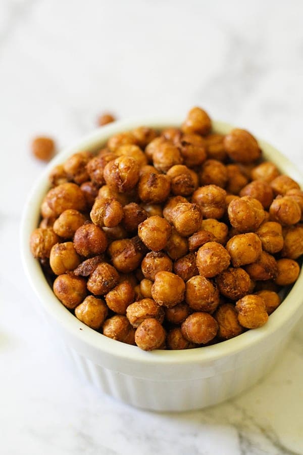 crispy chickpeas in a white bowl.
