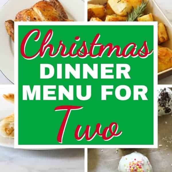 multiple images of roast dinner with text overlay "christmas dinner menu for two".