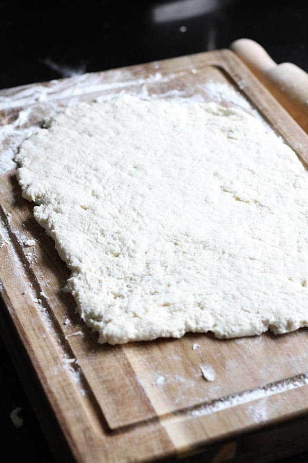 two ingredient dough rolled into a rectangle.