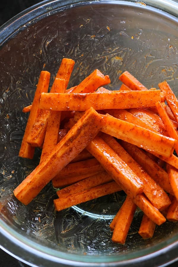 carrot fries in a glass bowl.