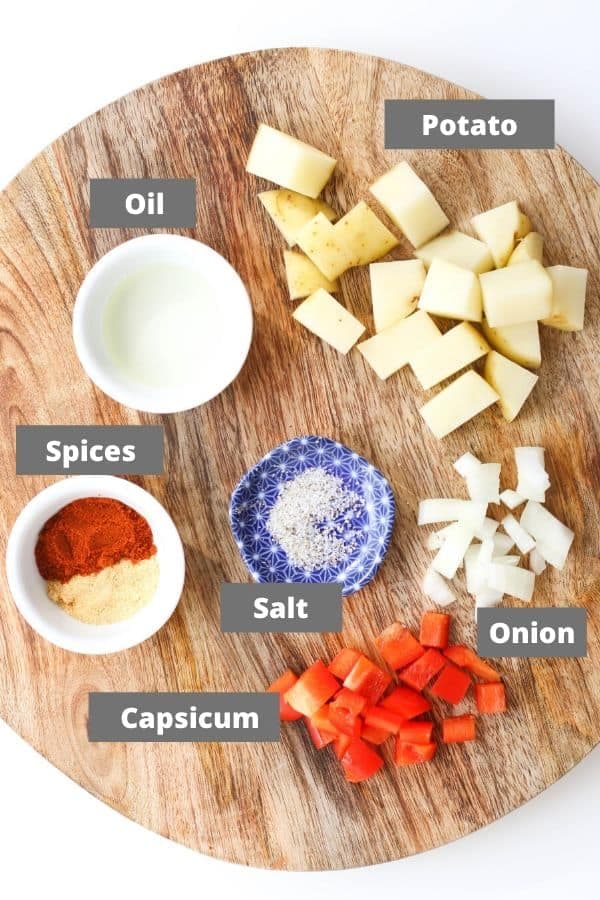 recipe ingredients on a wooden board.