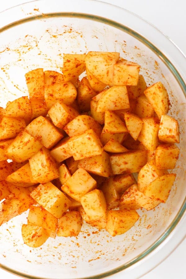 potatoes in a glass bowl. 