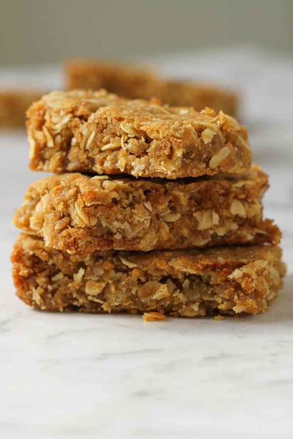 anzac slice pieces layered on top of each other.