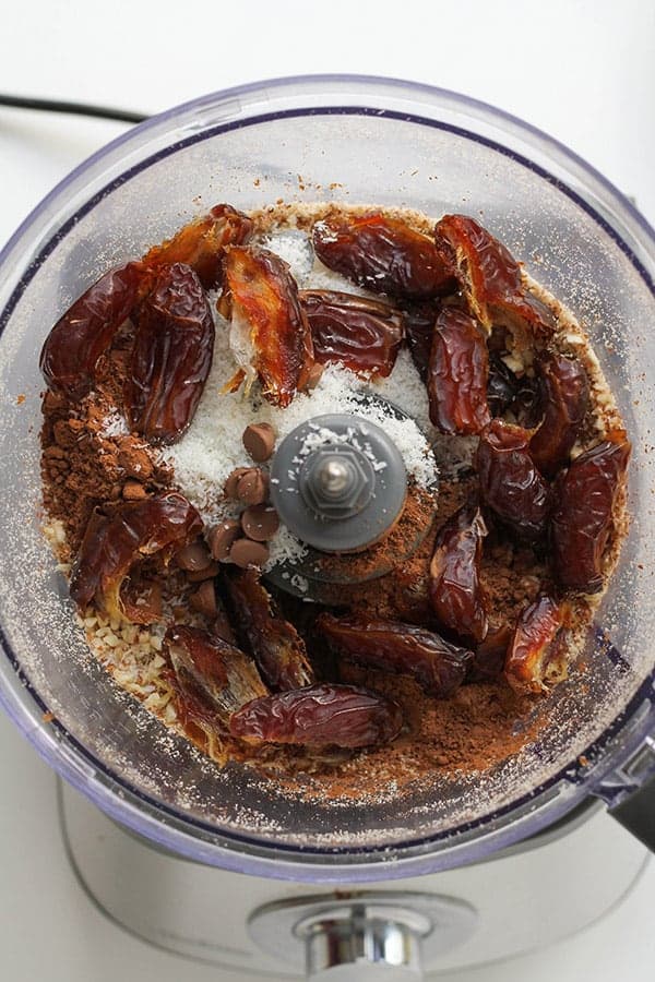 all ingredients to make energy balls in a food processor.