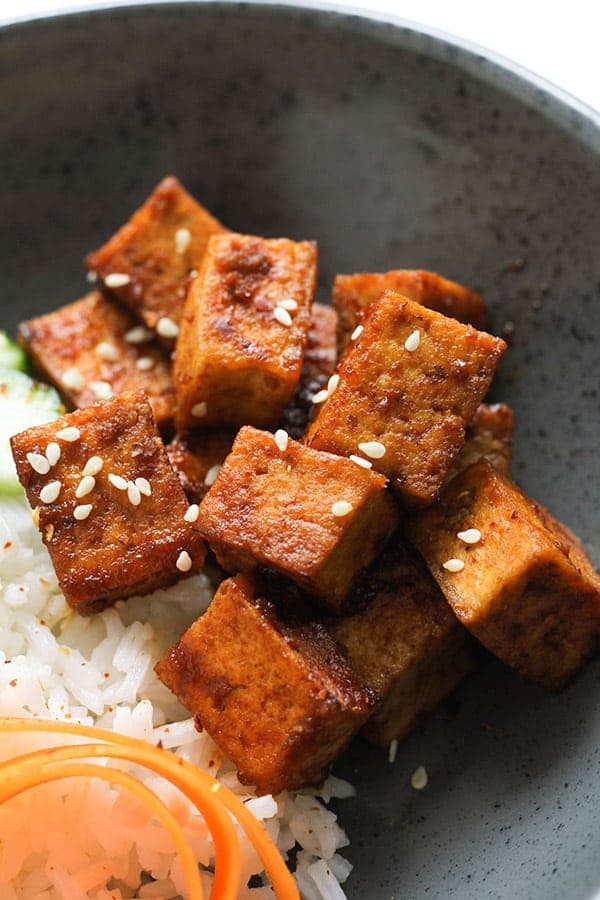 cubes of sriracha tofu.
