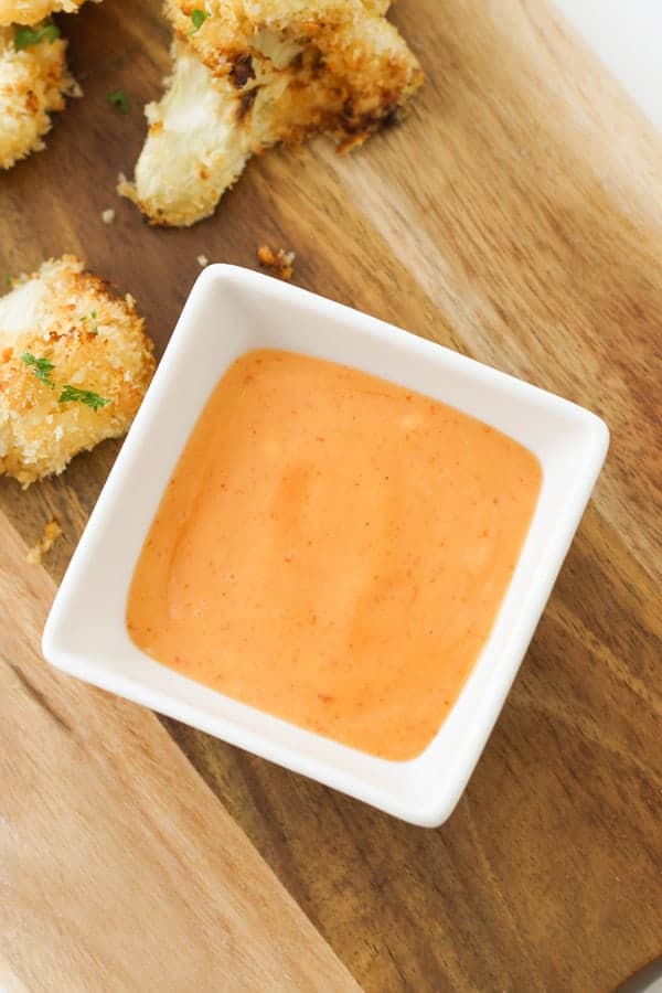 bang bang sauce in a white serving bowl.