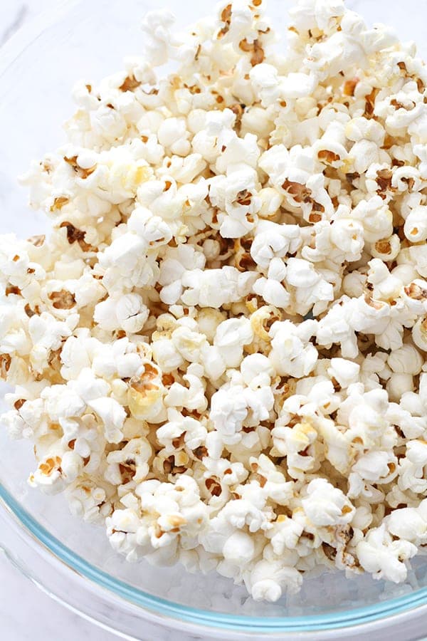 popcorn in a glass bowl.