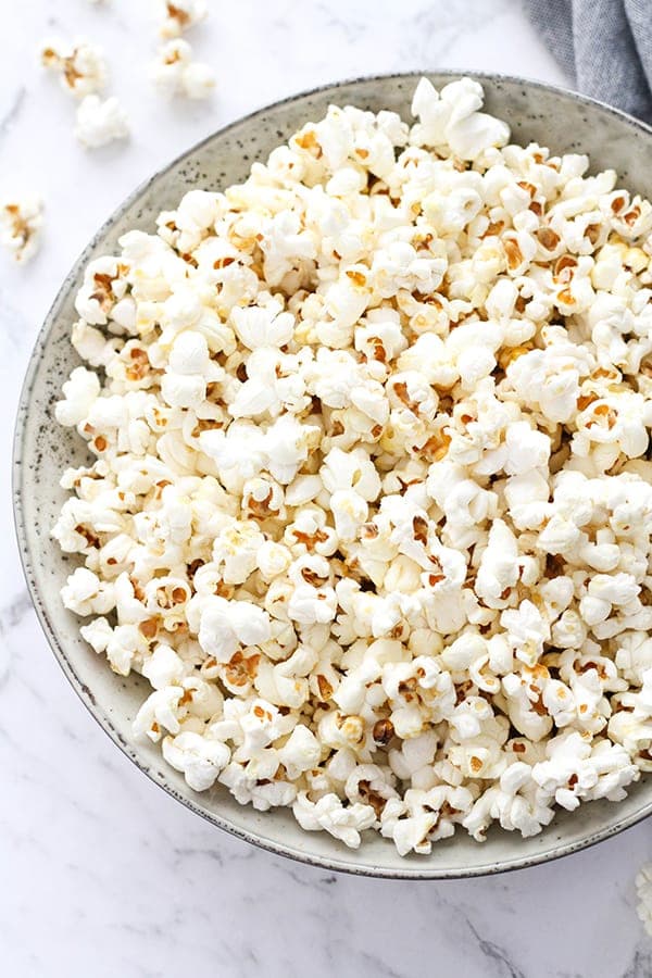 popcorn in a grey bowl.