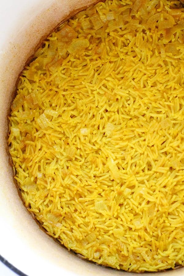 turmeric rice in a dutch oven.