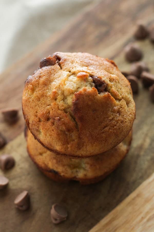 banana muffins on a wooden board.