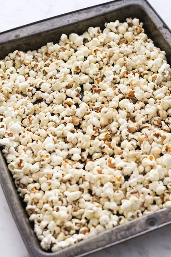popcorn on a baking tray.