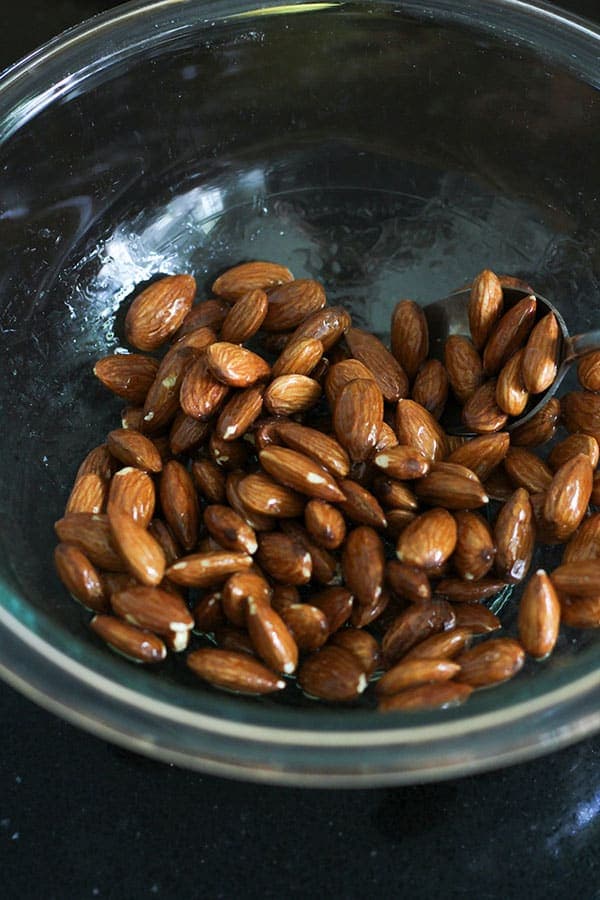 almonds in a glass bowl.
