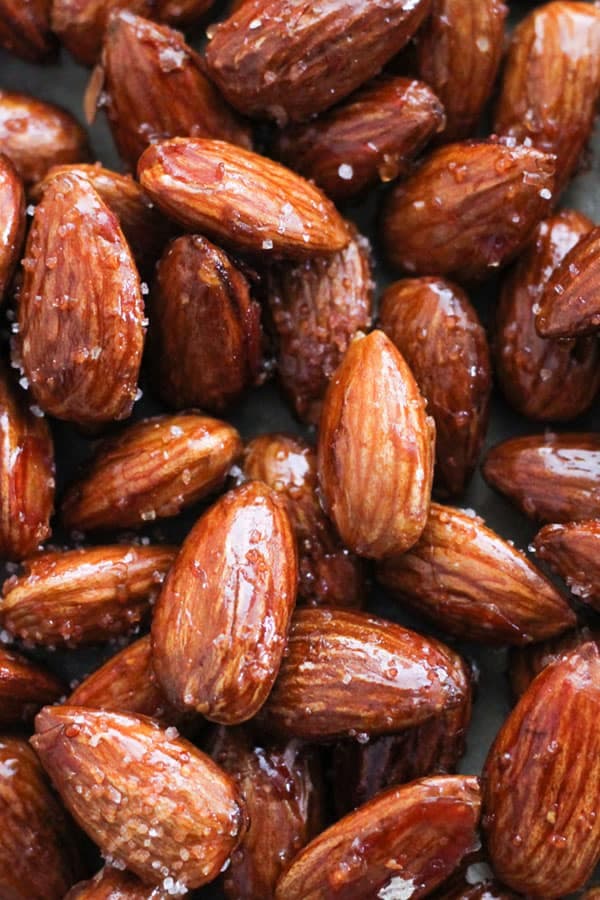 honey roasted almonds on baking paper.