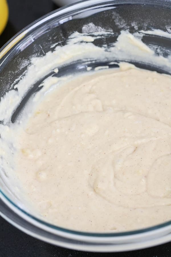 cinnamon muffin mixture in a glass bowl.