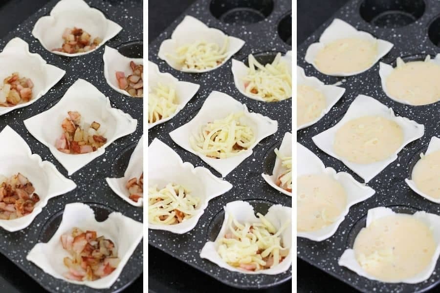 step by step photos of how mini bacon egg pies come together.