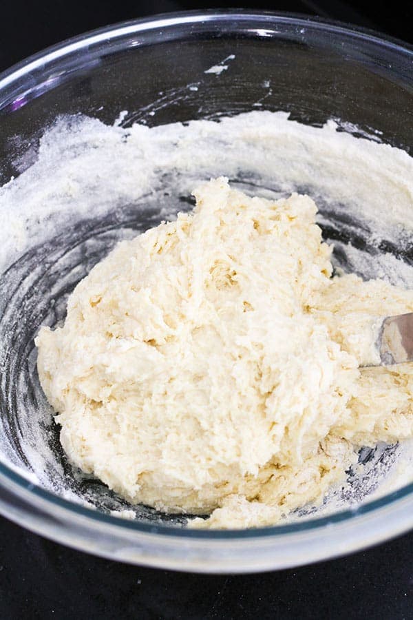 scone dough in a glass bowl.