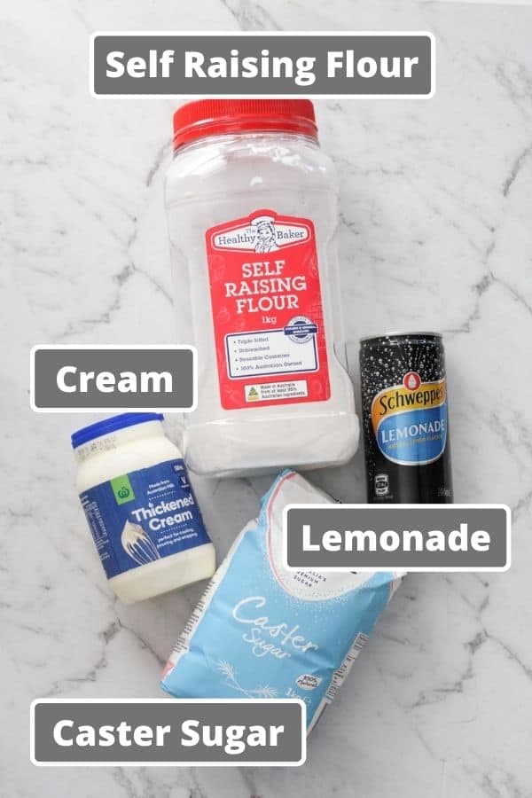 ingredients for air fryer scones including lemonade and cream.