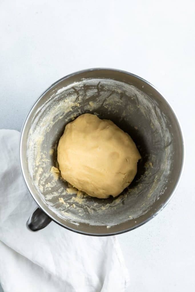 dough in a mixing bowl.